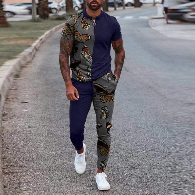 Men's Zip Polo Shirt and Print Jogger Tracksuit Set