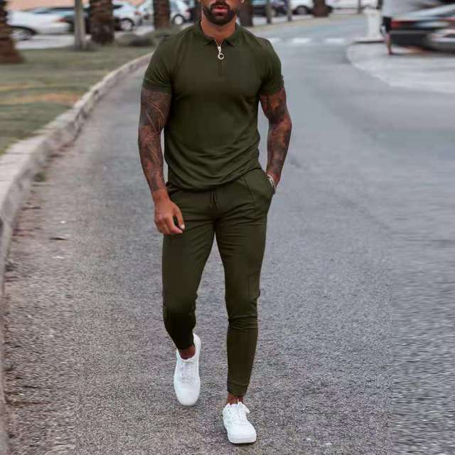Men's Zip Polo Shirt and Print Jogger Tracksuit Set