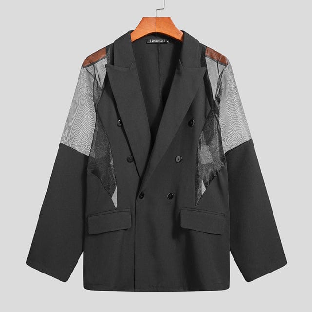 Men's Mesh Patchwork See-Through Double-Breasted Lapel Blazer