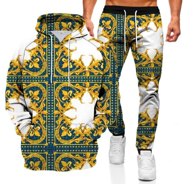 Men's 3D Geometric Print Hoodie and Pants Two-Piece Set