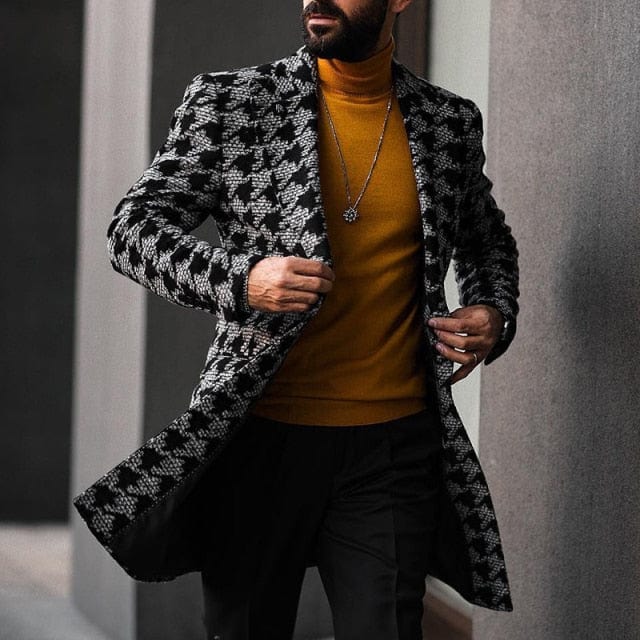 Men's Winter Houndstooth Wool Cardigan Coat, Single-Breasted Long Jacket