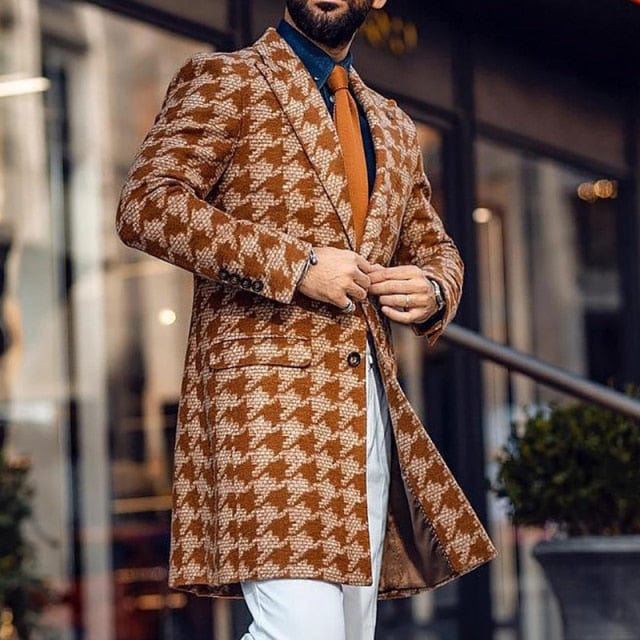 Men's Winter Houndstooth Wool Cardigan Coat, Single-Breasted Long Jacket