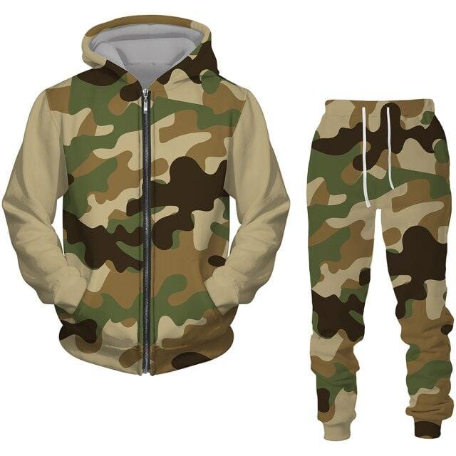 Men's Camouflage Zipper Hoodie Tracksuit Set