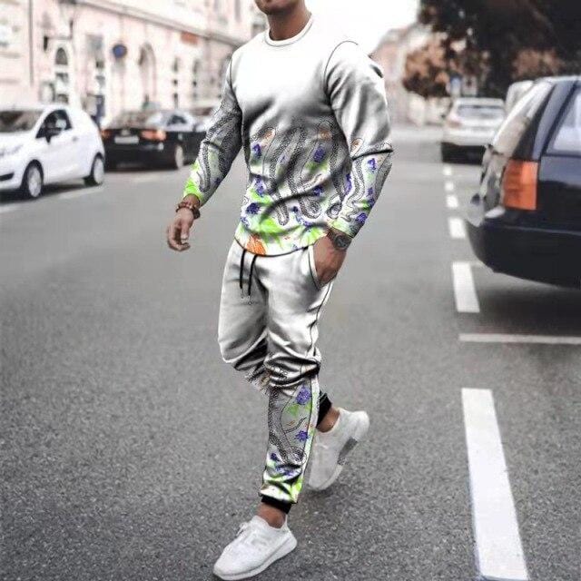 Men's Octopus-Print T-Shirt and Pants 2-Piece Sweatsuit