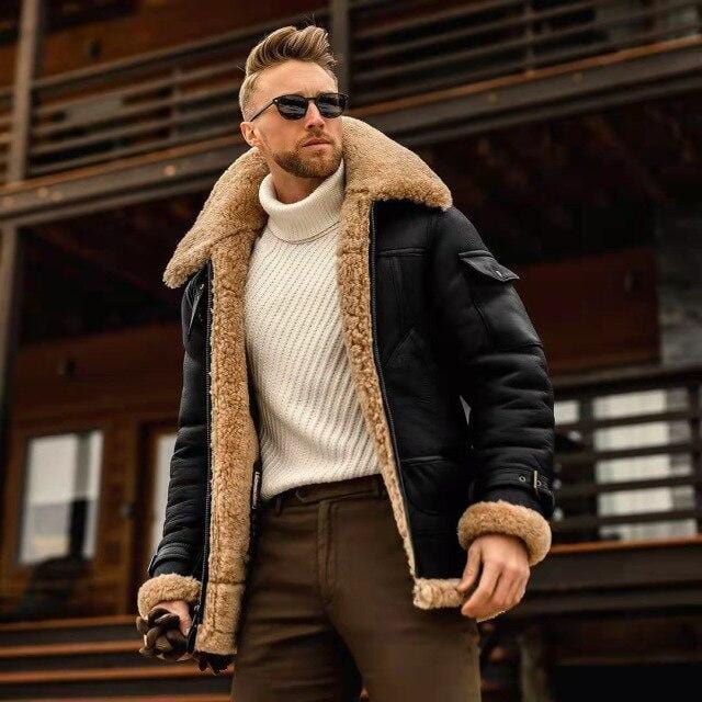 Men's Vintage Fur-Lapel Padded Leather Coat, Thick Cashmere Winter Jacket