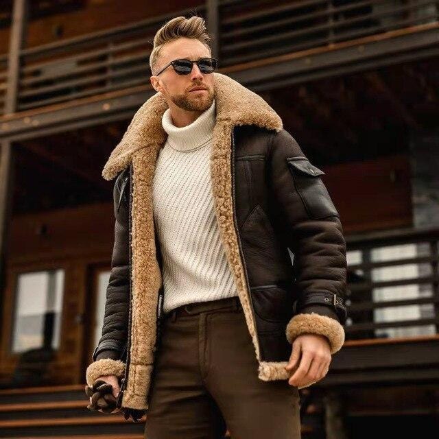 Men's Vintage Fur-Lapel Padded Leather Coat, Thick Cashmere Winter Jacket