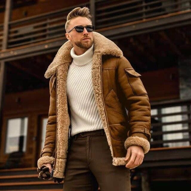 Men's Vintage Fur-Lapel Padded Leather Coat, Thick Cashmere Winter Jacket
