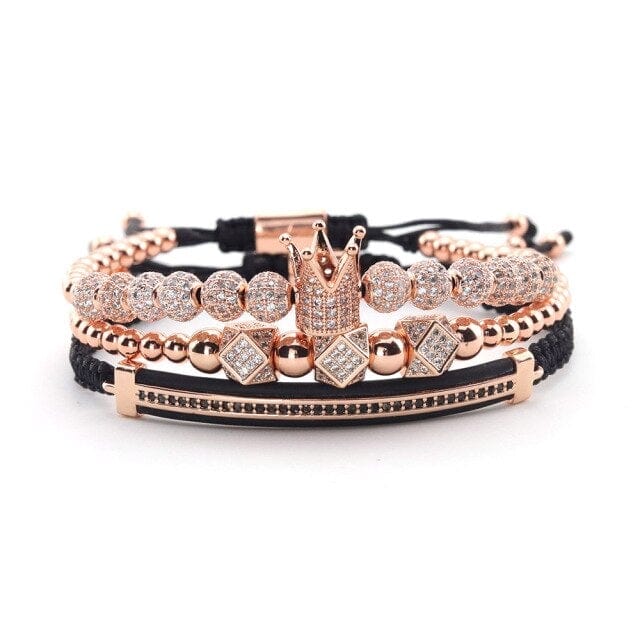 Men's 3-Piece Gold CZ Crown Stainless Steel Bead Bracelet Stack