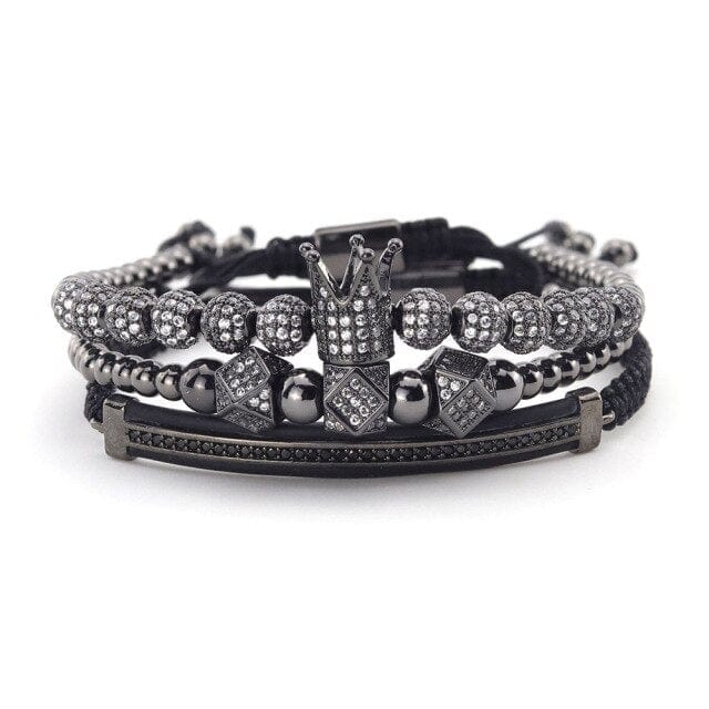 Men's 3-Piece Gold CZ Crown Stainless Steel Bead Bracelet Stack