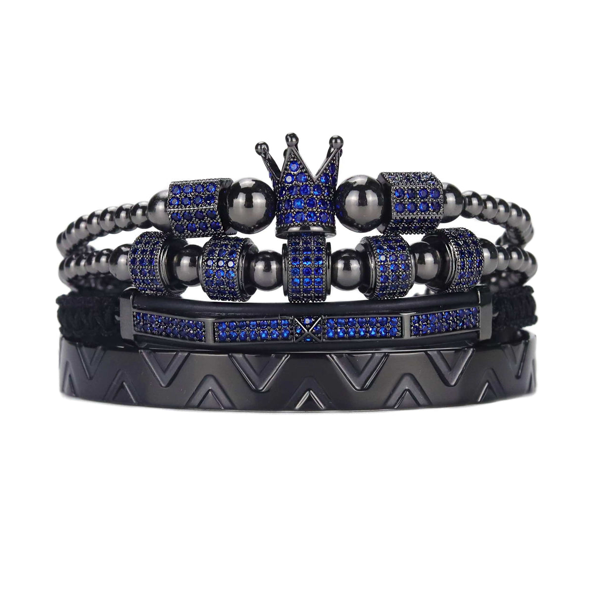 Men's Royal Crown Stainless Steel Blue Ghost CZ Bead Bracelet Set