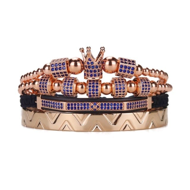 Men's Royal Crown Stainless Steel Blue Ghost CZ Bead Bracelet Set