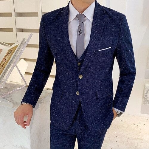 Men's Blue Stripe 3-Piece Slim-Fit Wedding Suit, Blazer Vest and Pants