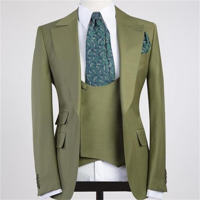 Men's Green Peak Lapel One-Button 3-Piece Slim Fit Suit