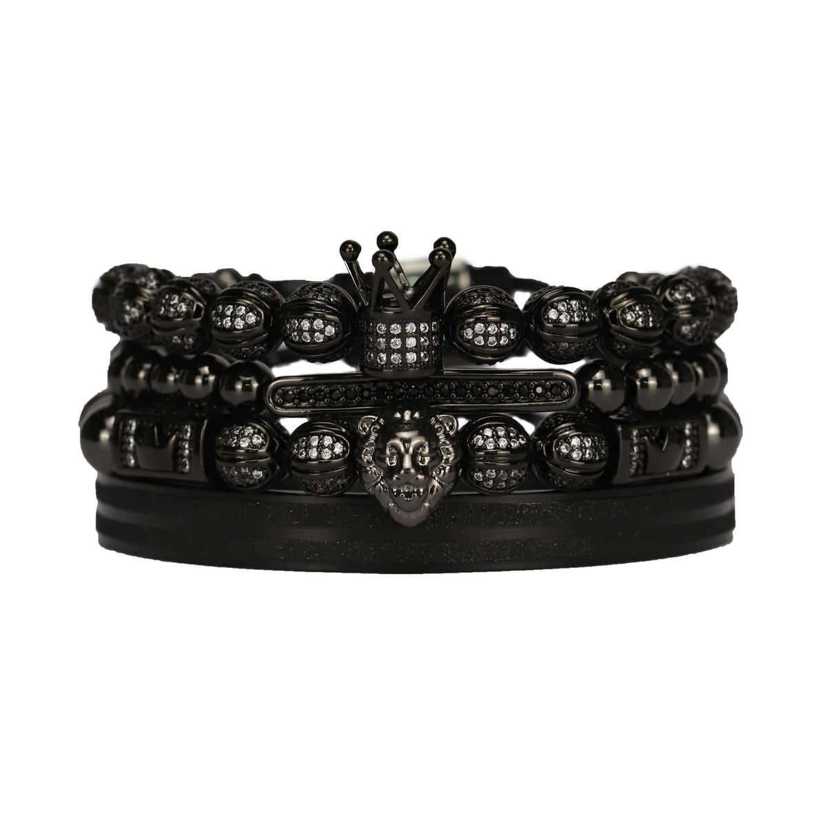 Men's crown lion stainless steel CZ bead bracelet set black gunmetal