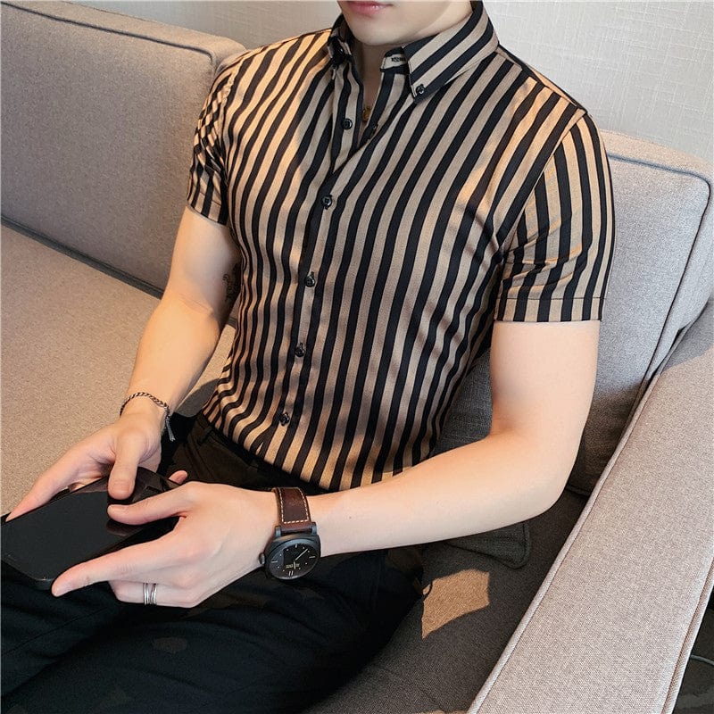 Men's Slim Fit Short Sleeve Striped Business Casual Shirt