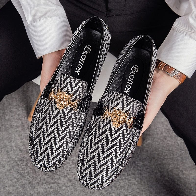 Men's Silver Genuine Leather Striped Loafers Plus Size up to 48