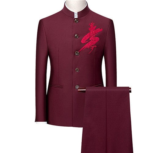 Men's Retro Embroidery Tang Suit Jacket and Pants Two-Piece 6XL