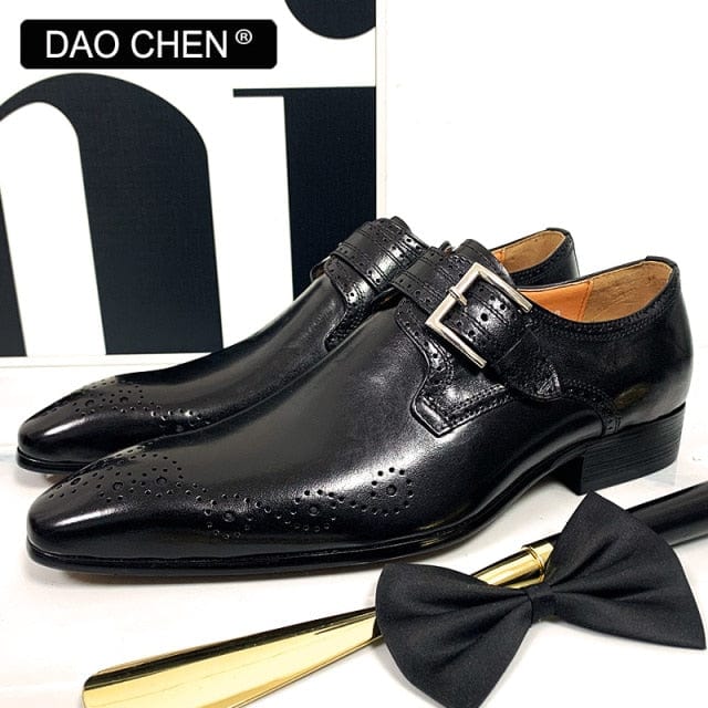 Men's Genuine Leather Monk Strap Loafers Black Green Dress Shoes