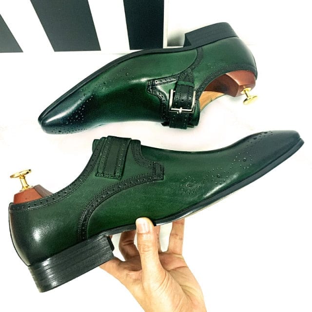 Men's Genuine Leather Monk Strap Loafers Black Green Dress Shoes