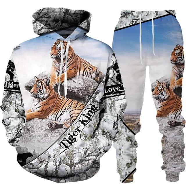Men's 3D Tiger Print Hoodie and Pants Tracksuit
