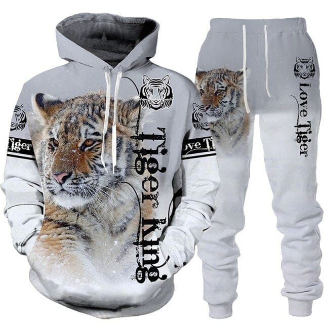 Men's 3D Tiger Print Hoodie and Pants Tracksuit