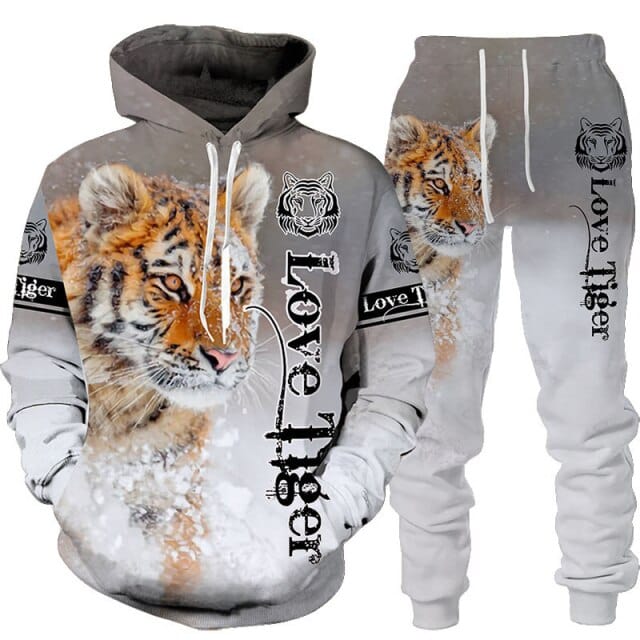 Men's 3D Tiger Print Hoodie and Pants Tracksuit