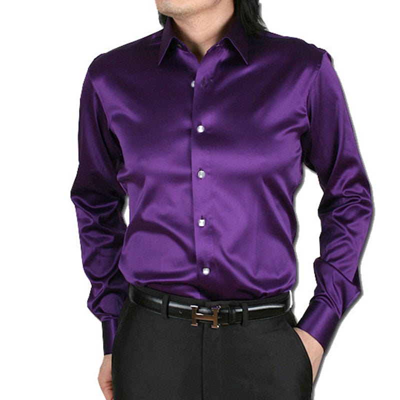 Men's Silky Long Sleeve Loose Casual Dress Shirt Plus Size Wedding