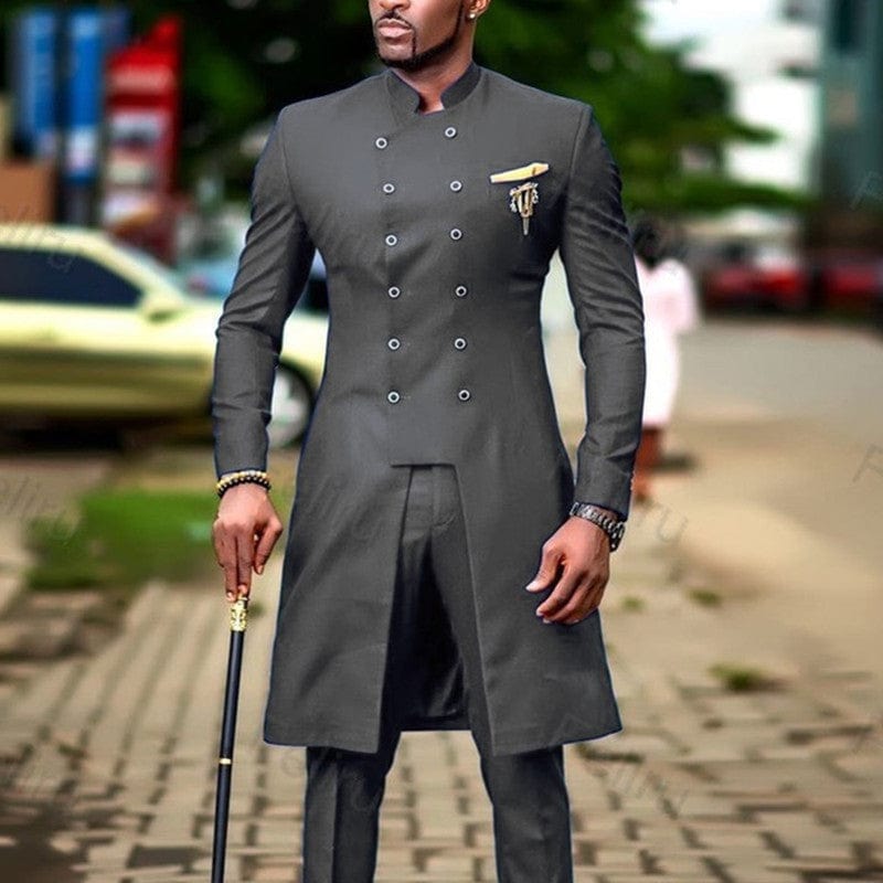 Men's Dark Grey Slim Fit Double-Breasted Wedding Tuxedo Suit