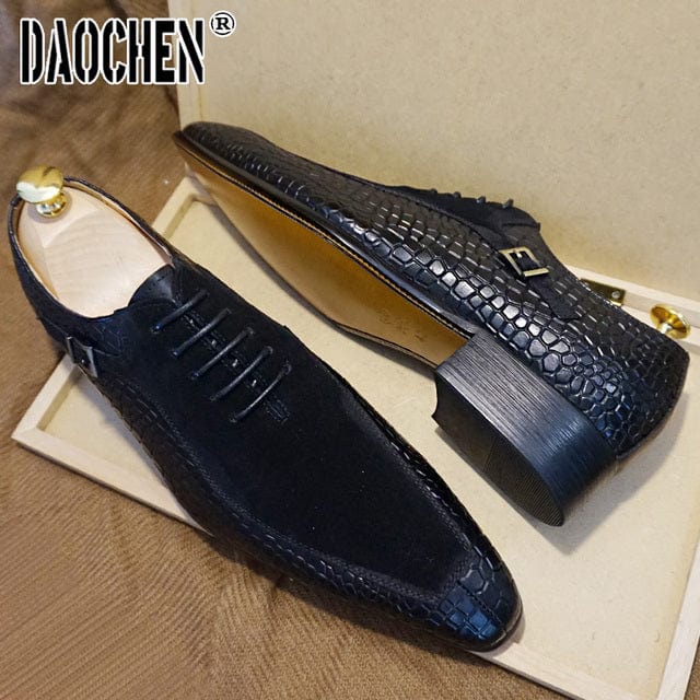 Men's Split-Toe Suede Crocodile Print Coffee Black Oxford Dress Shoes