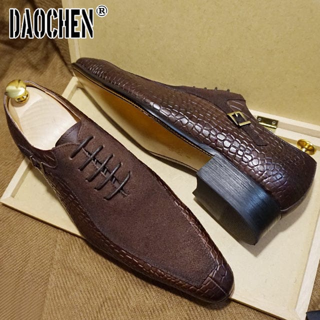 Men's Split-Toe Suede Crocodile Print Coffee Black Oxford Dress Shoes
