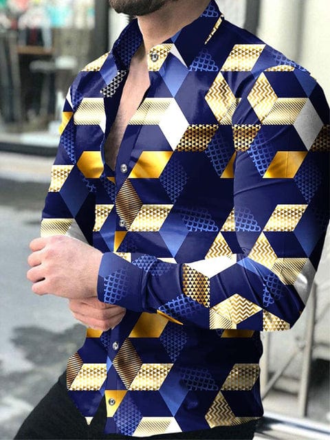 Men's Stripe Print Long Sleeve Button-Down Prom Party Shirt