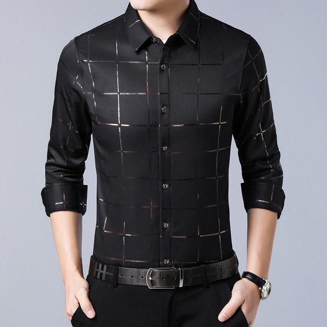 Men's Plaid Slim Fit Long Sleeve Social Dress Shirt