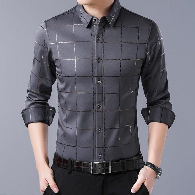 Men's Plaid Slim Fit Long Sleeve Social Dress Shirt