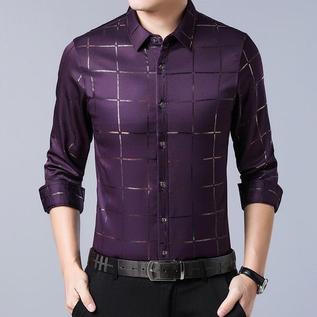 Men's Plaid Slim Fit Long Sleeve Social Dress Shirt