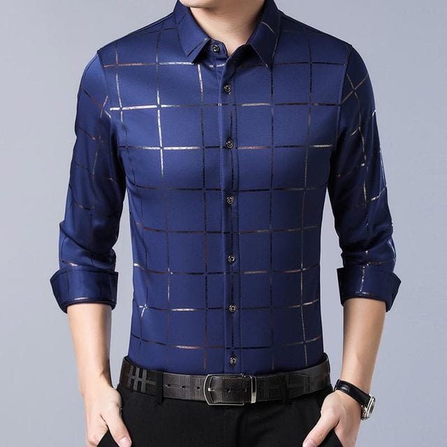 Men's Plaid Slim Fit Long Sleeve Social Dress Shirt