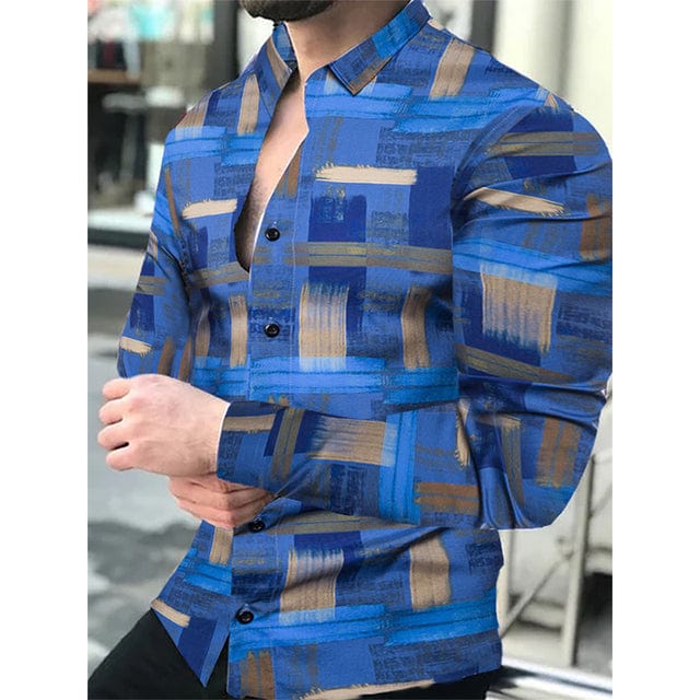 Men's Lattice Print Long Sleeve Button-Down Club Prom Shirt