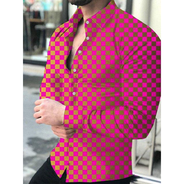 Men's Lattice Print Long Sleeve Button-Down Club Prom Shirt