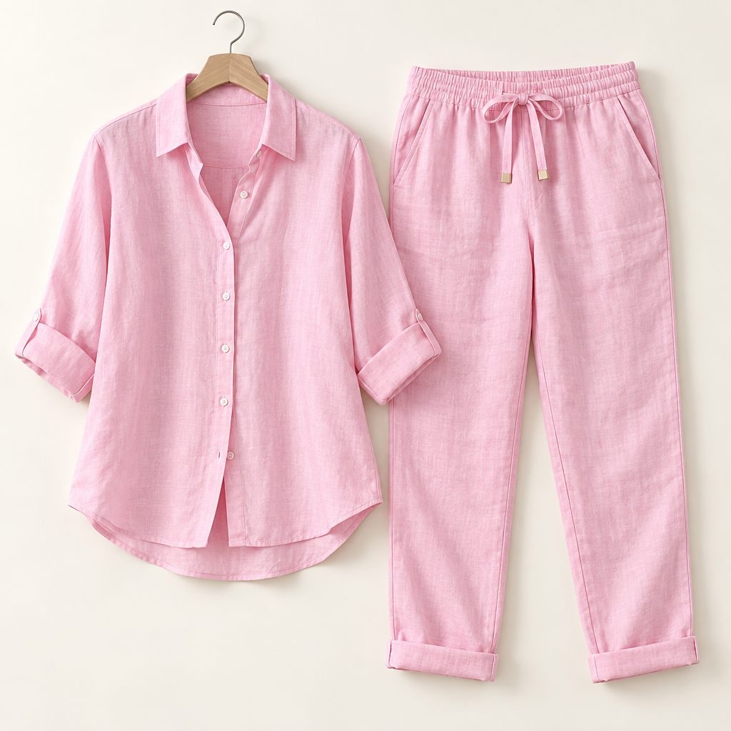 Pink linen shirt and pants set product layout