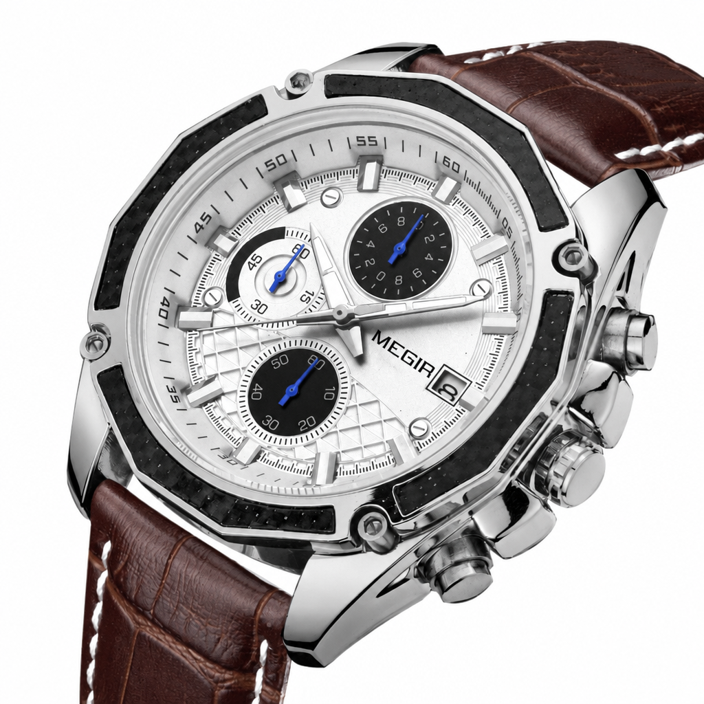 Men's genuine leather chronograph quartz watch silver brown strap