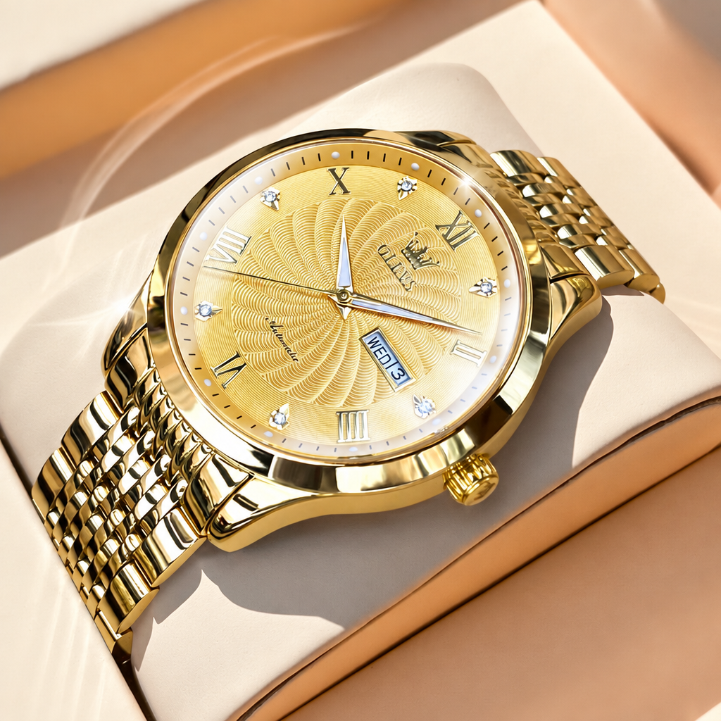 Men's automatic mechanical waterproof steel wristwatch 41mm gold