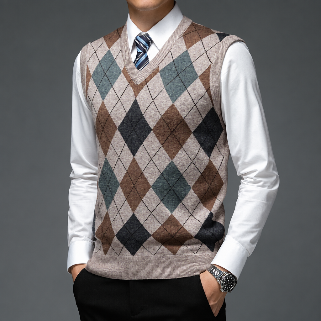Men's argyle V-neck knit vest pullover