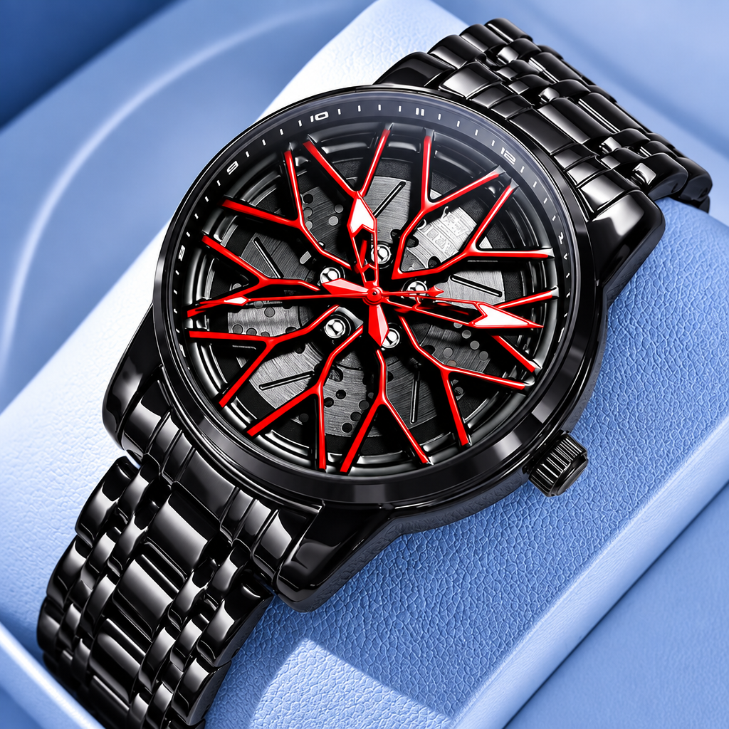 Men's flywheel quartz waterproof sport watch black red dial