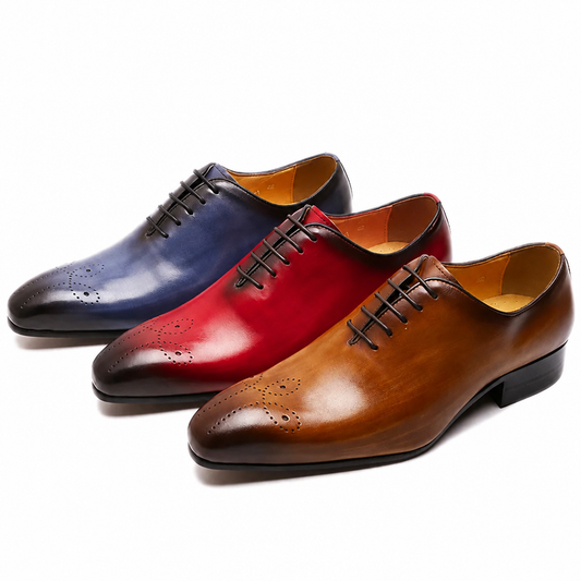 Men's genuine leather pointed toe oxford dress shoes blue red brown