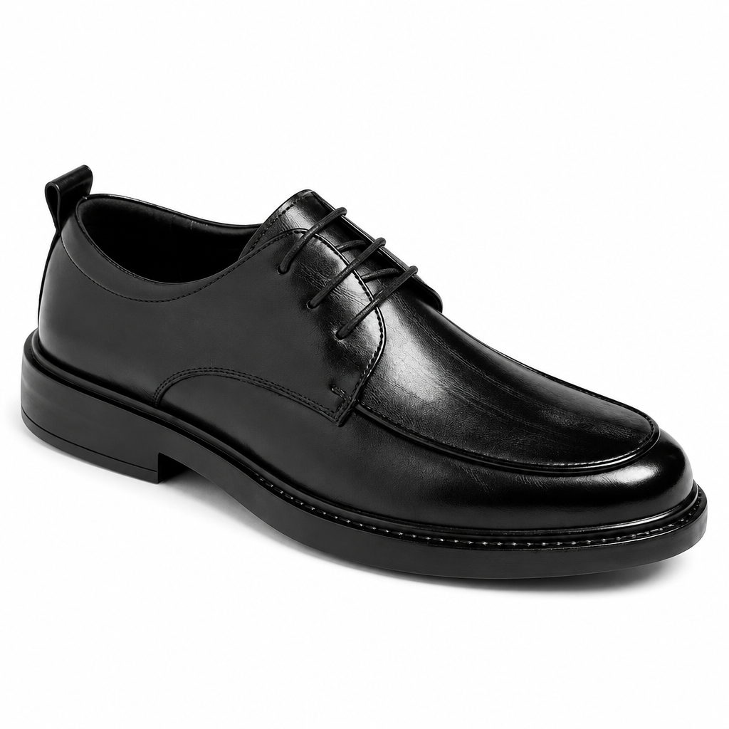 Black leather elevator oxford heel view