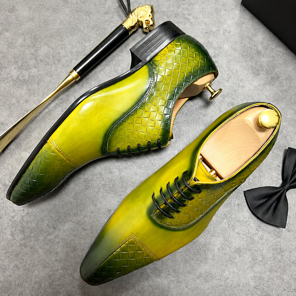 Men's black green split-toe weave print leather oxford dress shoes