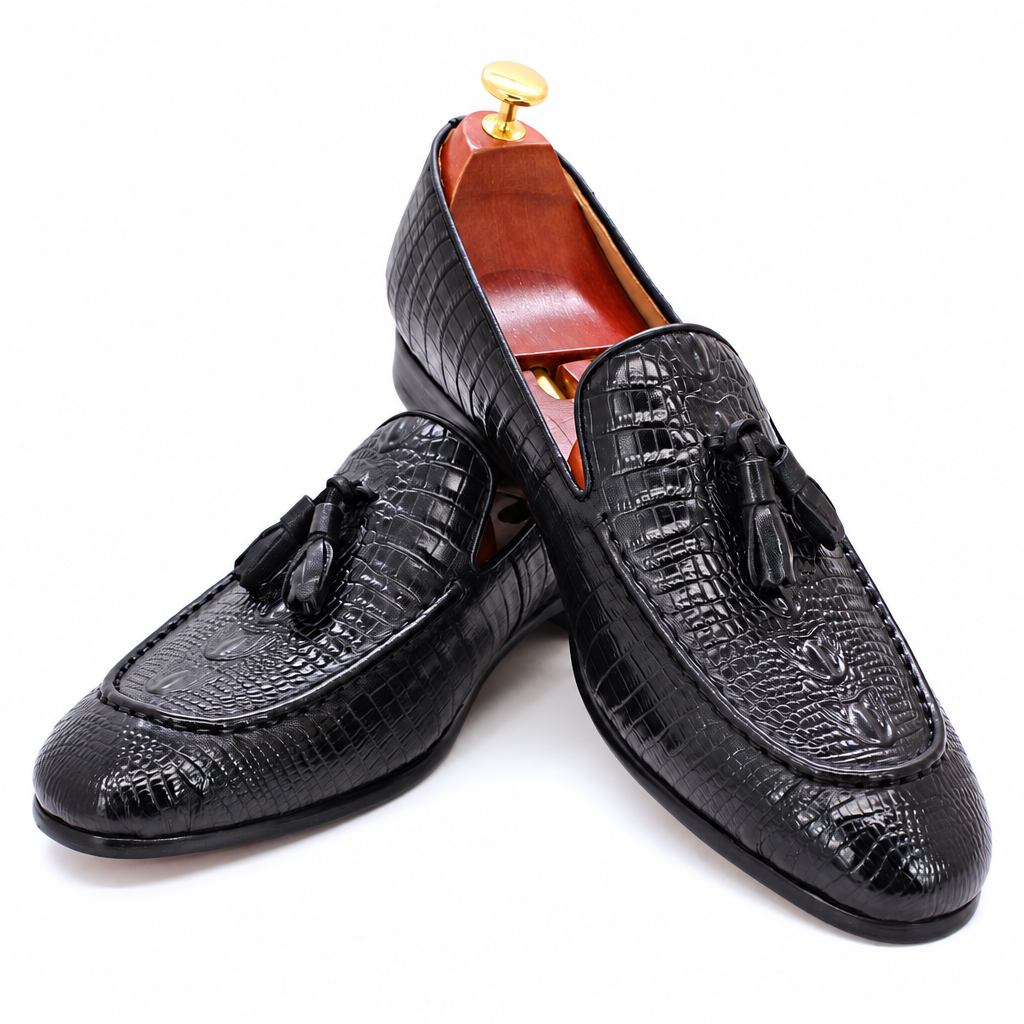 Men's black coffee crocodile print tassel slip-on leather loafers