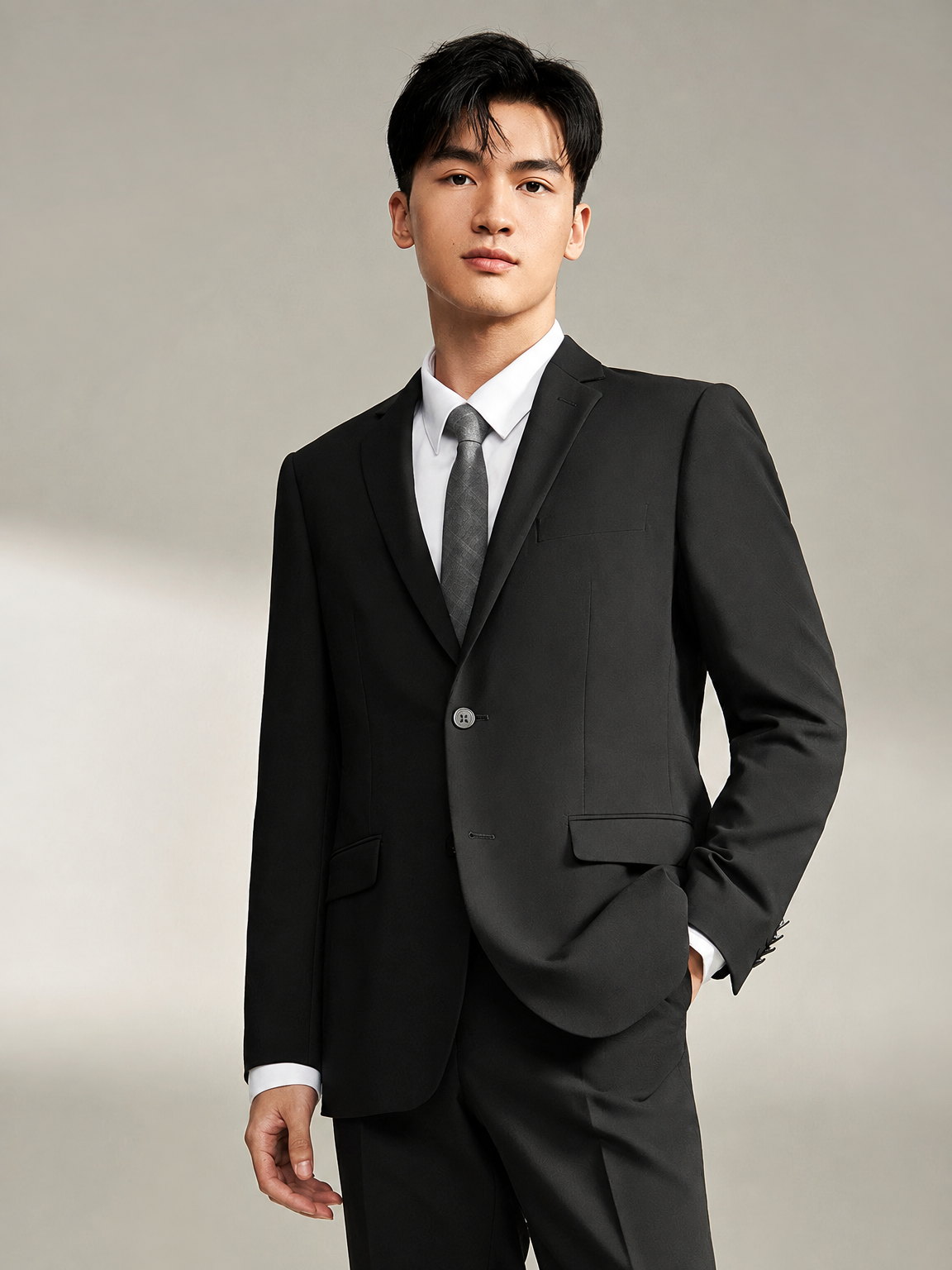 Men's black business suit with elastic waist