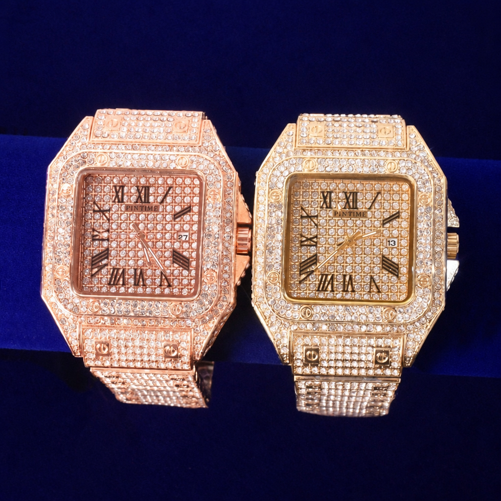 Men's big dial military quartz rhinestone watch iced out