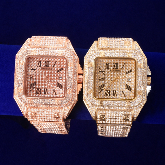 Men's big dial military quartz rhinestone watch iced out