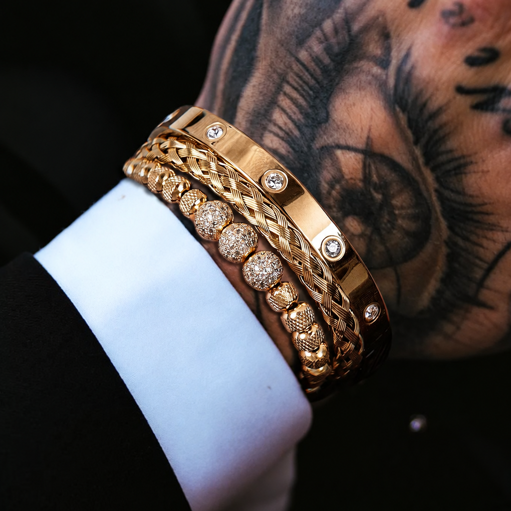 Men's 3-piece micro pave CZ stainless steel charm bracelet set gold